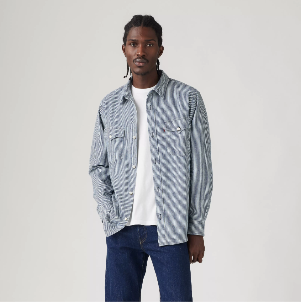 Levis M Shirts S / Grand Dark Railroad Stripe Relaxed Fit Western - Grand Dark Railroad Stripe