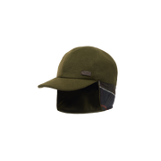 The Barbour Lewis Trapper Hat is an olive green fleece cap featuring ear flaps lined with a black and green plaid pattern, and a rectangular brand label on the front.