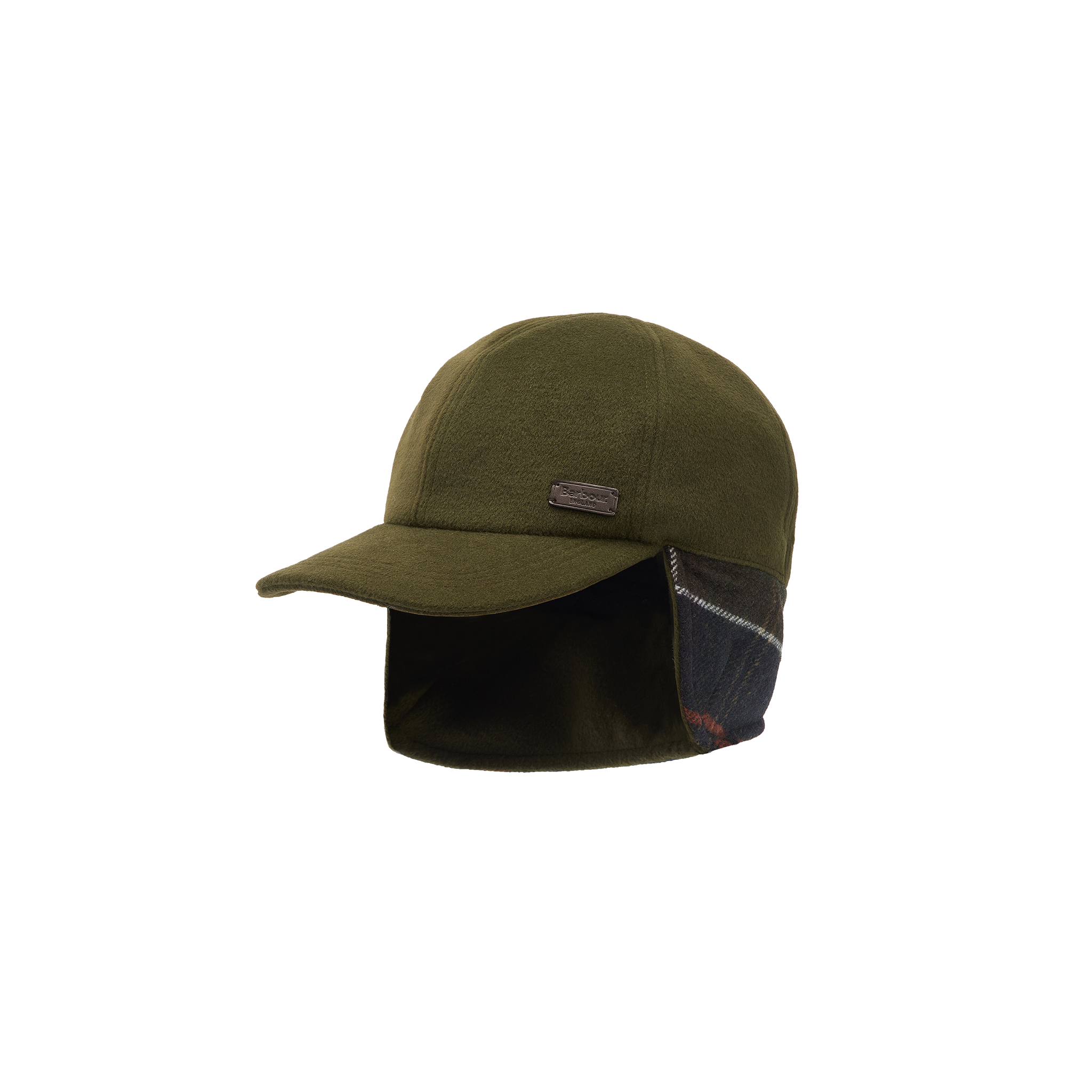 The Barbour Lewis Trapper Hat is an olive green fleece cap featuring ear flaps lined with a black and green plaid pattern, and a rectangular brand label on the front.