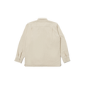 Universal Works' LS Utility Shirt in beige features long sleeves, a collar, and button flap chest pockets, with a view from the back showcasing its design.