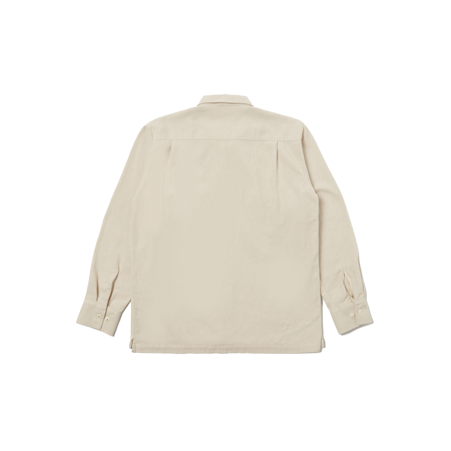 Universal Works' LS Utility Shirt in beige features long sleeves, a collar, and button flap chest pockets, with a view from the back showcasing its design.