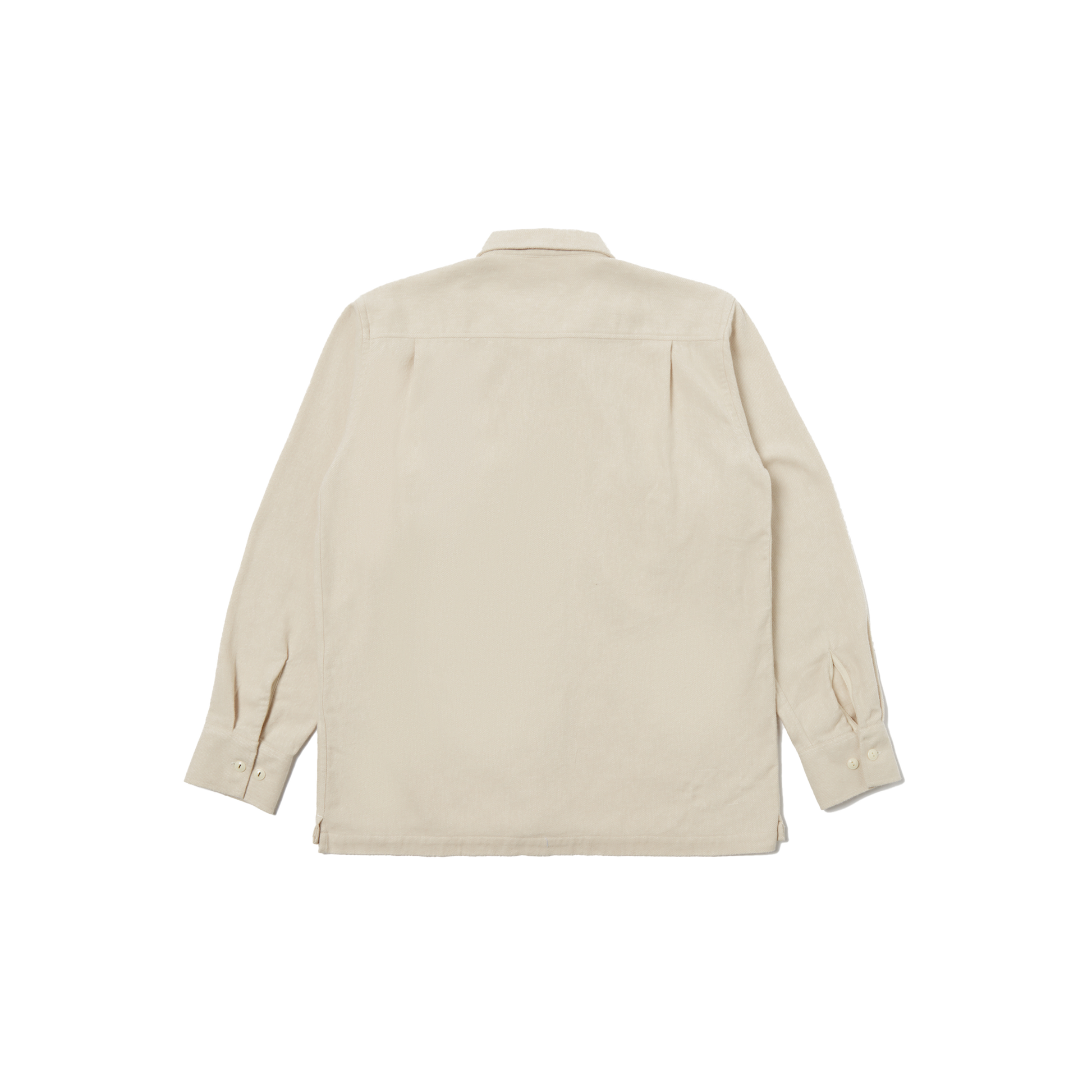 Universal Works' LS Utility Shirt in beige features long sleeves, a collar, and button flap chest pockets, with a view from the back showcasing its design.