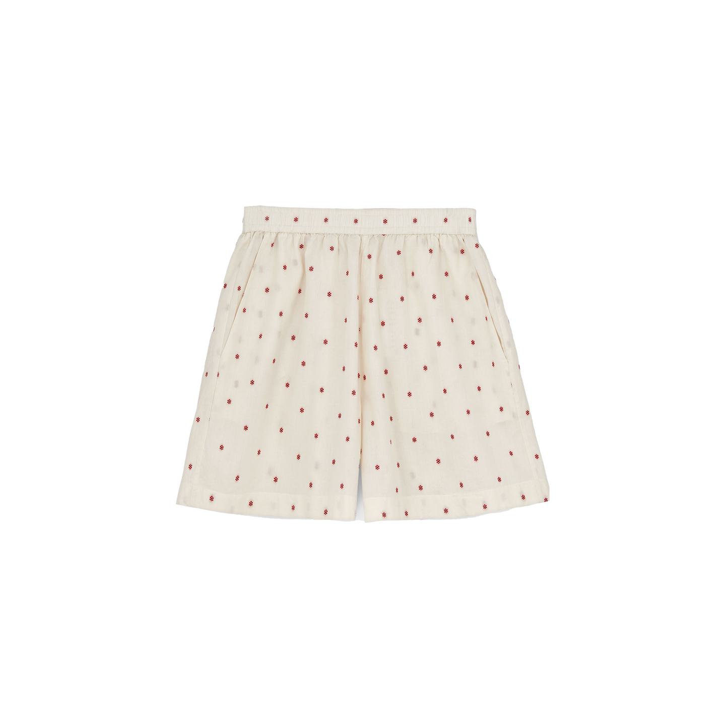 Aiayu's Lulu Shorts Flore, Mix Creme are made from regenerative cotton with an elastic waistband and a charming small red dot pattern.