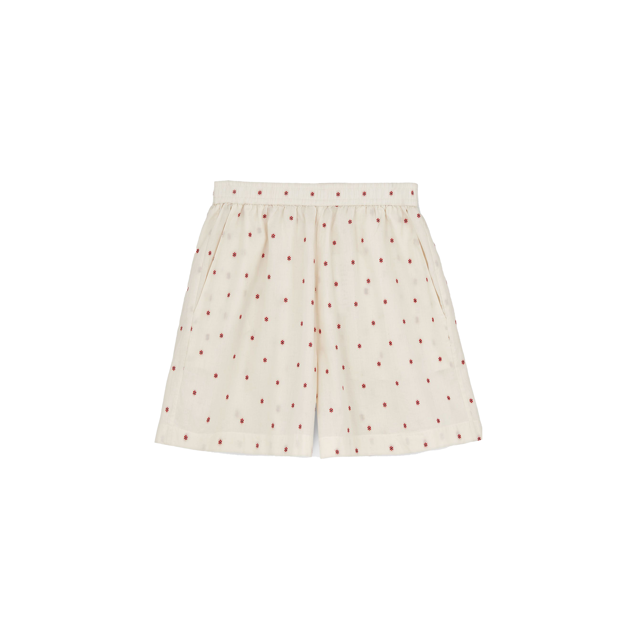 Aiayu's Lulu Shorts Flore, Mix Creme are made from regenerative cotton with an elastic waistband and a charming small red dot pattern.