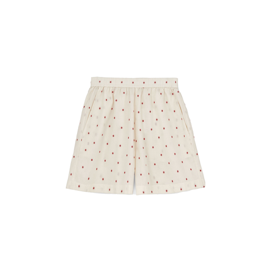 Aiayu's Lulu Shorts Flore, Mix Creme are made from regenerative cotton with an elastic waistband and a charming small red dot pattern.