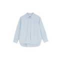 The Aiayu Lynette Shirt is a light blue, oversized button-up featuring long sleeves and a single chest pocket, crafted from organic cotton, displayed on a plain background.