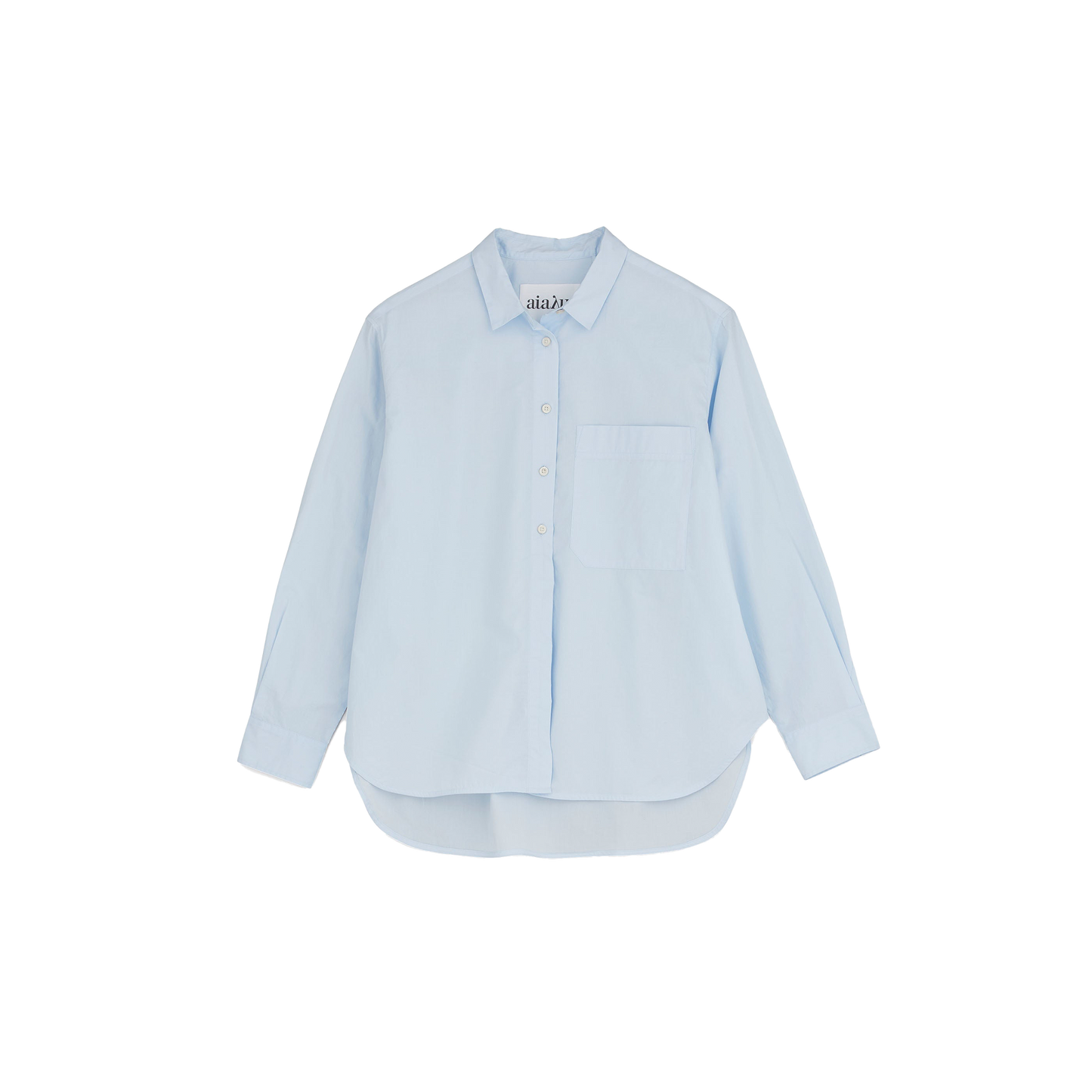 The Aiayu Lynette Shirt is a light blue, oversized button-up featuring long sleeves and a single chest pocket, crafted from organic cotton, displayed on a plain background.