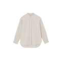 The Lynette Shirt by Aiayu is an organic cotton, beige button-up with a black backdrop, featuring an oversized fit, long sleeves, and a chest pocket. Ideal for those who appreciate sustainable fashion without sacrificing style.