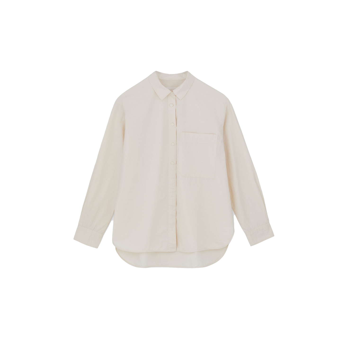 The Lynette Shirt by Aiayu is an organic cotton, beige button-up with a black backdrop, featuring an oversized fit, long sleeves, and a chest pocket. Ideal for those who appreciate sustainable fashion without sacrificing style.