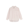 The Lynette Shirt by Aiayu is a light pink, oversized button-up with long sleeves and a front pocket, crafted from organic cotton against a plain backdrop. Embrace sustainable fashion with this stylish piece.