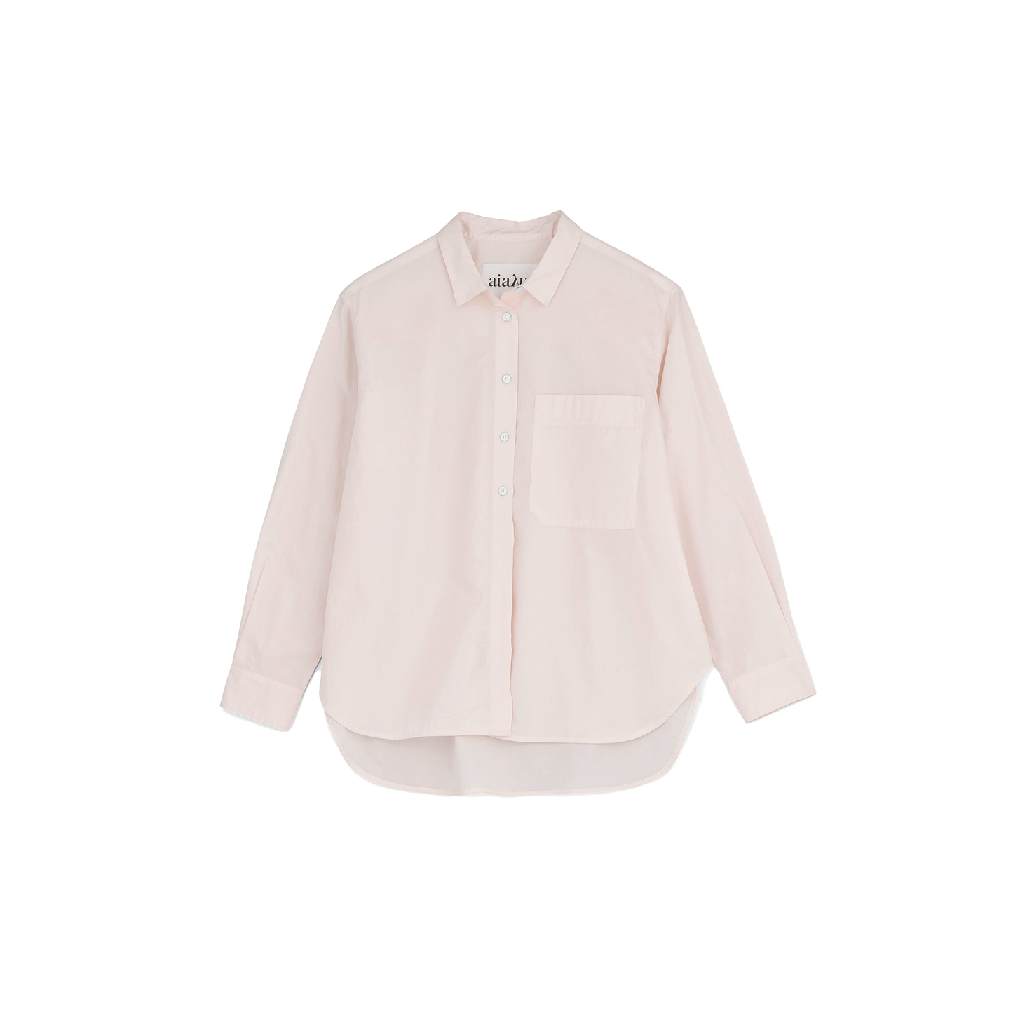 The Lynette Shirt by Aiayu is a light pink, oversized button-up with long sleeves and a front pocket, crafted from organic cotton against a plain backdrop. Embrace sustainable fashion with this stylish piece.