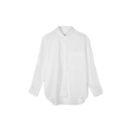 The Lynette Shirt by Aiayu, made of organic cotton, features a collar, front pocket, and long sleeves, set against a plain black background.