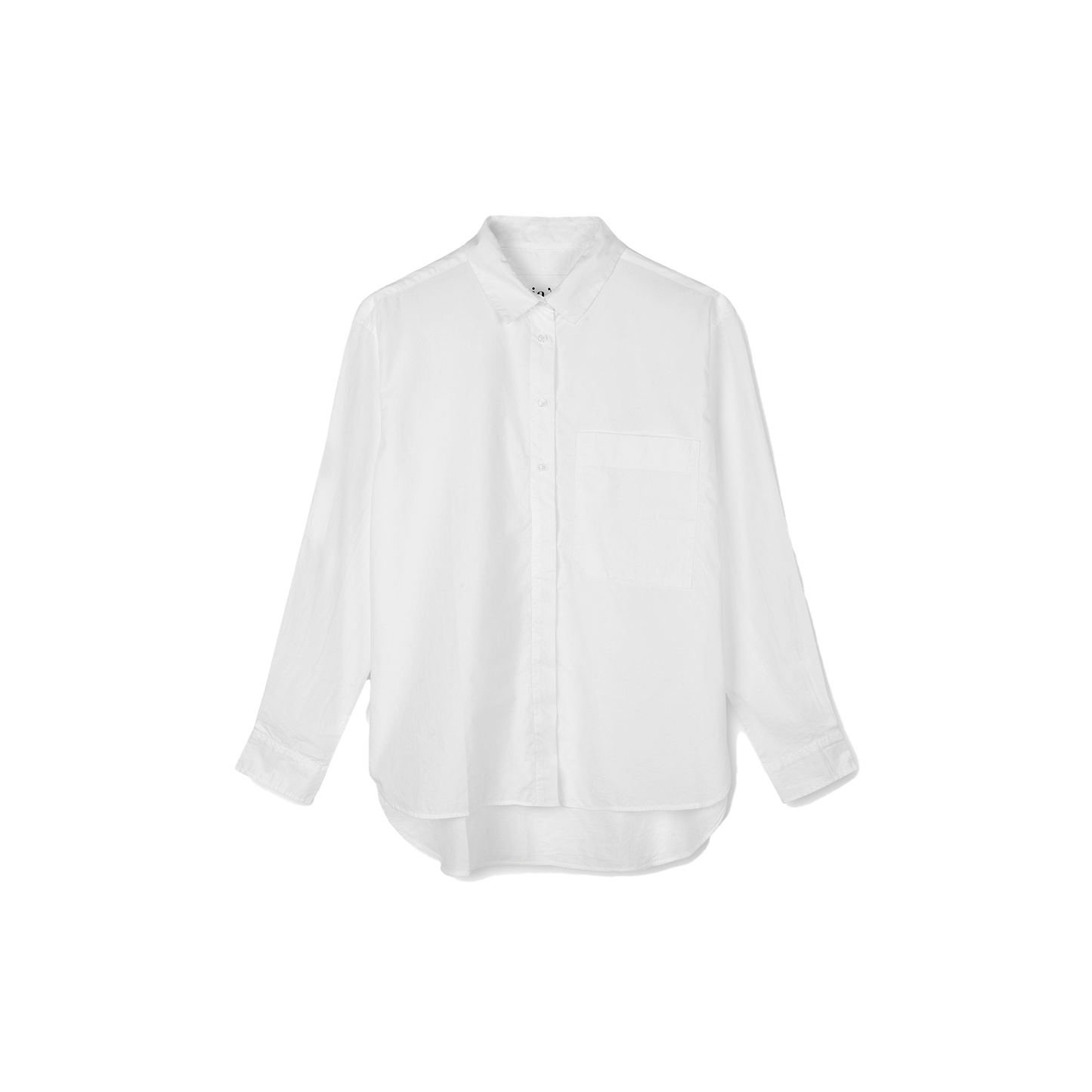 The Lynette Shirt by Aiayu, made of organic cotton, features a collar, front pocket, and long sleeves, set against a plain black background.