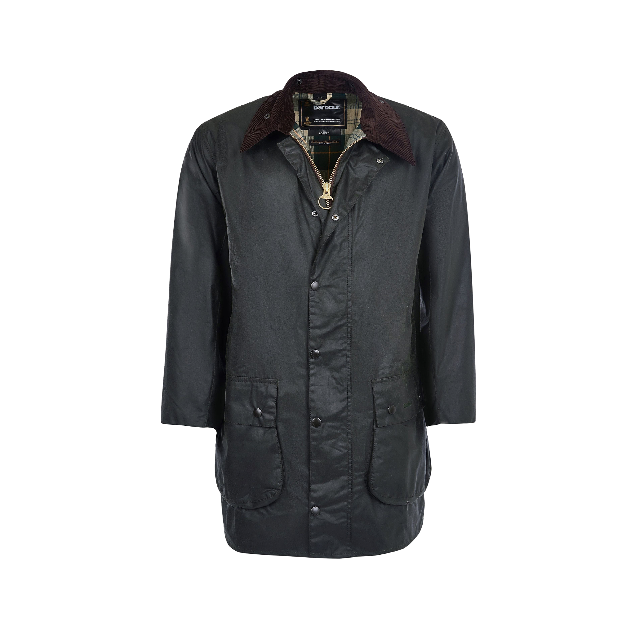 The Men's Border Wax Jacket in Sage/Dark Green by Barbour showcases a classic style with its signature corduroy collar, gold zipper, and front button closure. It offers practical comfort through its relaxed fit and two waist pockets.