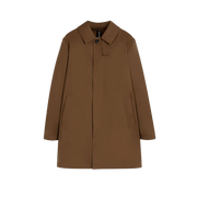 The "M Cambridge" by Mackintosh is a brown trench coat made from water-repellent RAINTEC cotton, featuring a single black button and two front pockets, showcased on a white background.