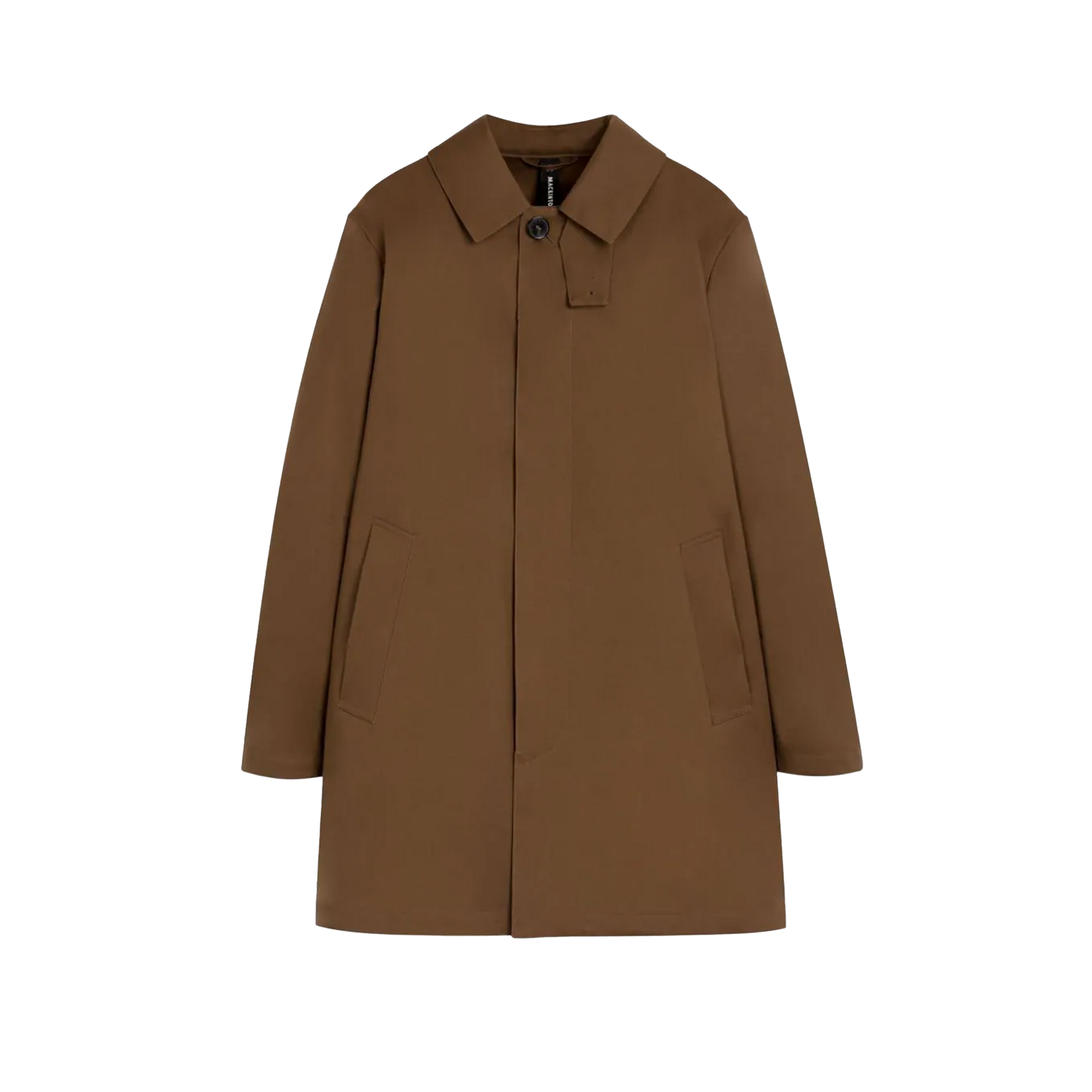 The "M Cambridge" by Mackintosh is a brown trench coat made from water-repellent RAINTEC cotton, featuring a single black button and two front pockets, showcased on a white background.