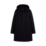 The Mackintosh M Cambridge Hood is a black hooded raincoat made from RAINTEC cotton, featuring a front zipper and two side pockets.