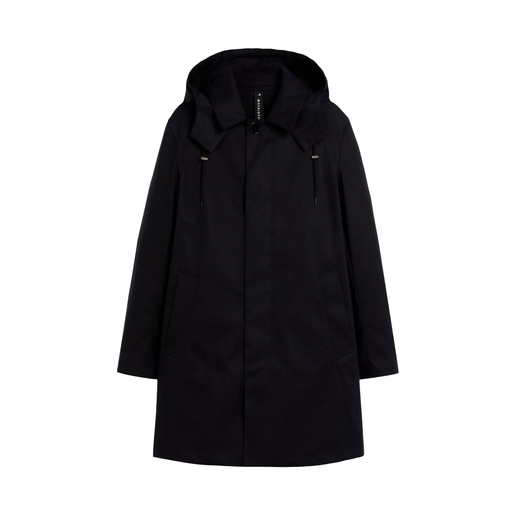 The Mackintosh M Cambridge Hood is a black hooded raincoat made from RAINTEC cotton, featuring a front zipper and two side pockets.