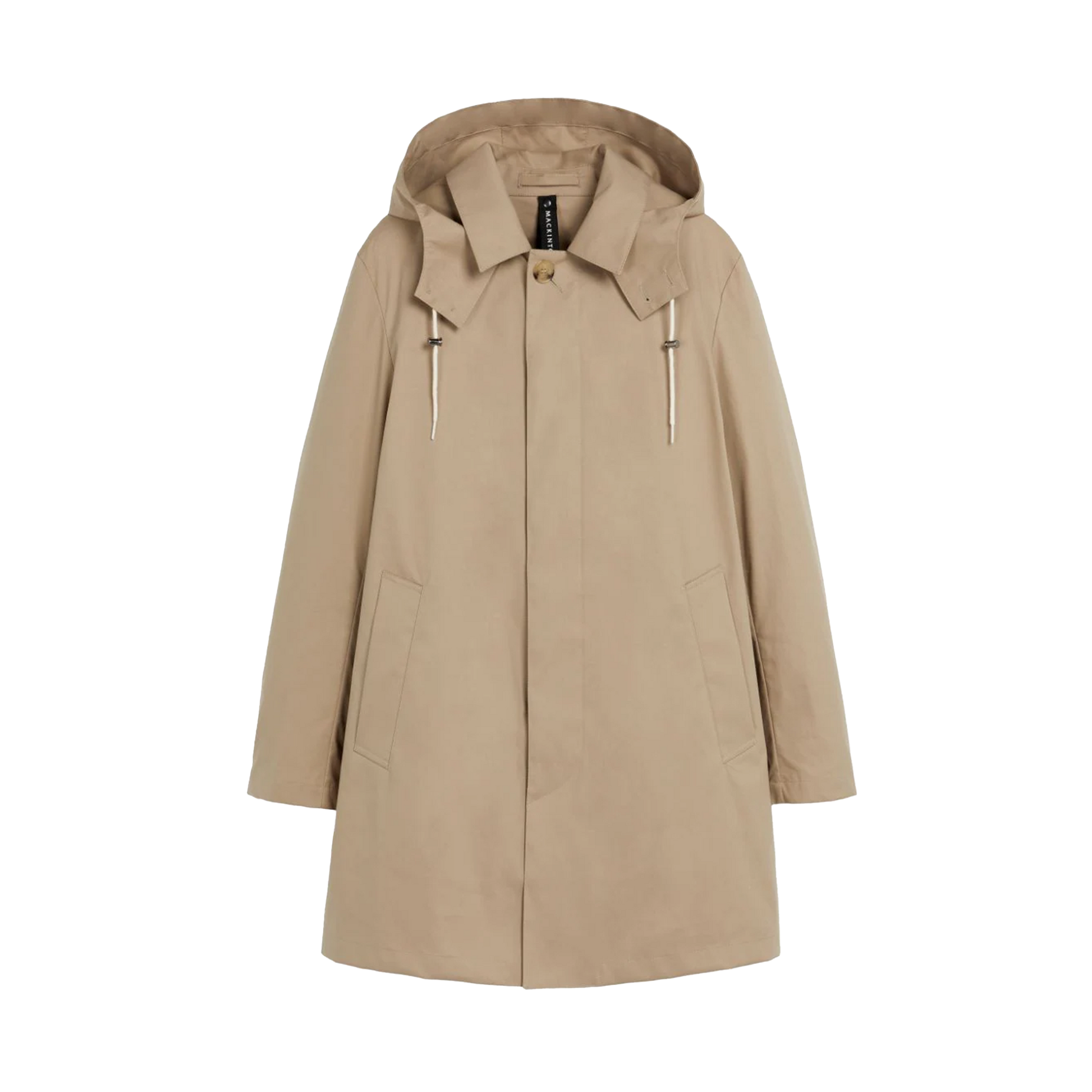 The M Cambridge Hood by Mackintosh is a beige, hooded raincoat made from RAINTEC cotton with drawstrings and front pockets, showcased against a white background.
