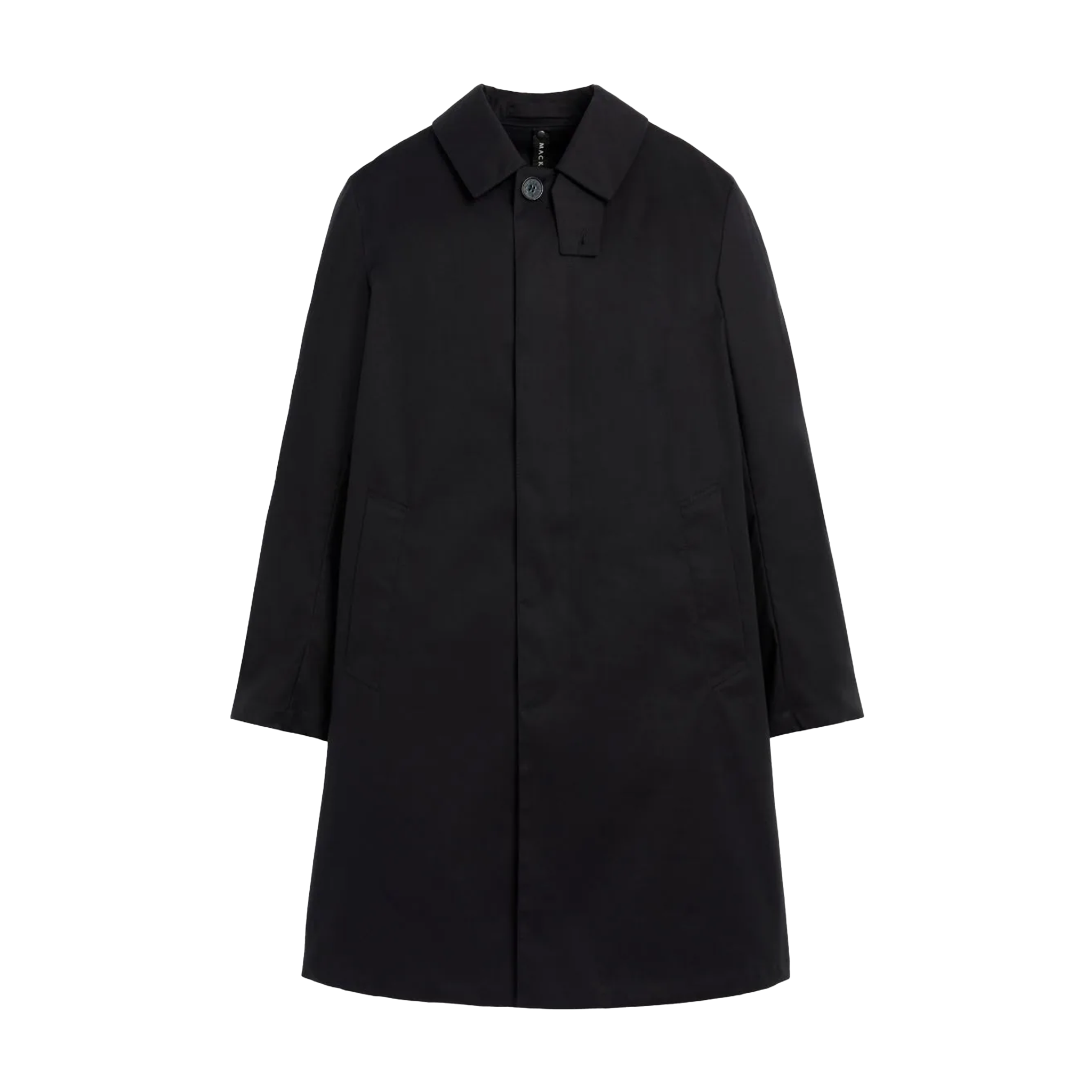 The M Manchester overcoat by Mackintosh, a black single-breasted design made from breathable fabric, is displayed against a plain white background.