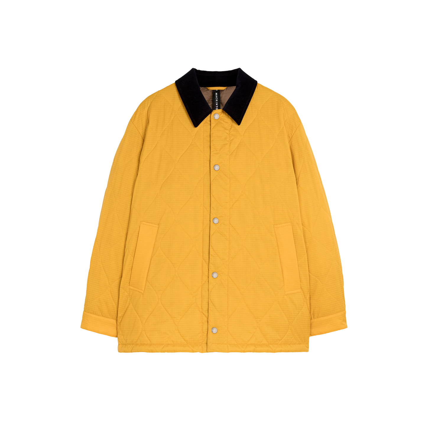 The Mackintosh M Quilted Teeming is a yellow, water-repellent quilted jacket with a black collar, snap button closure, and two front pockets.