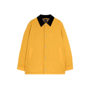 The Mackintosh M Quilted Teeming is a yellow, water-repellent quilted jacket with a black collar, snap button closure, and two front pockets.