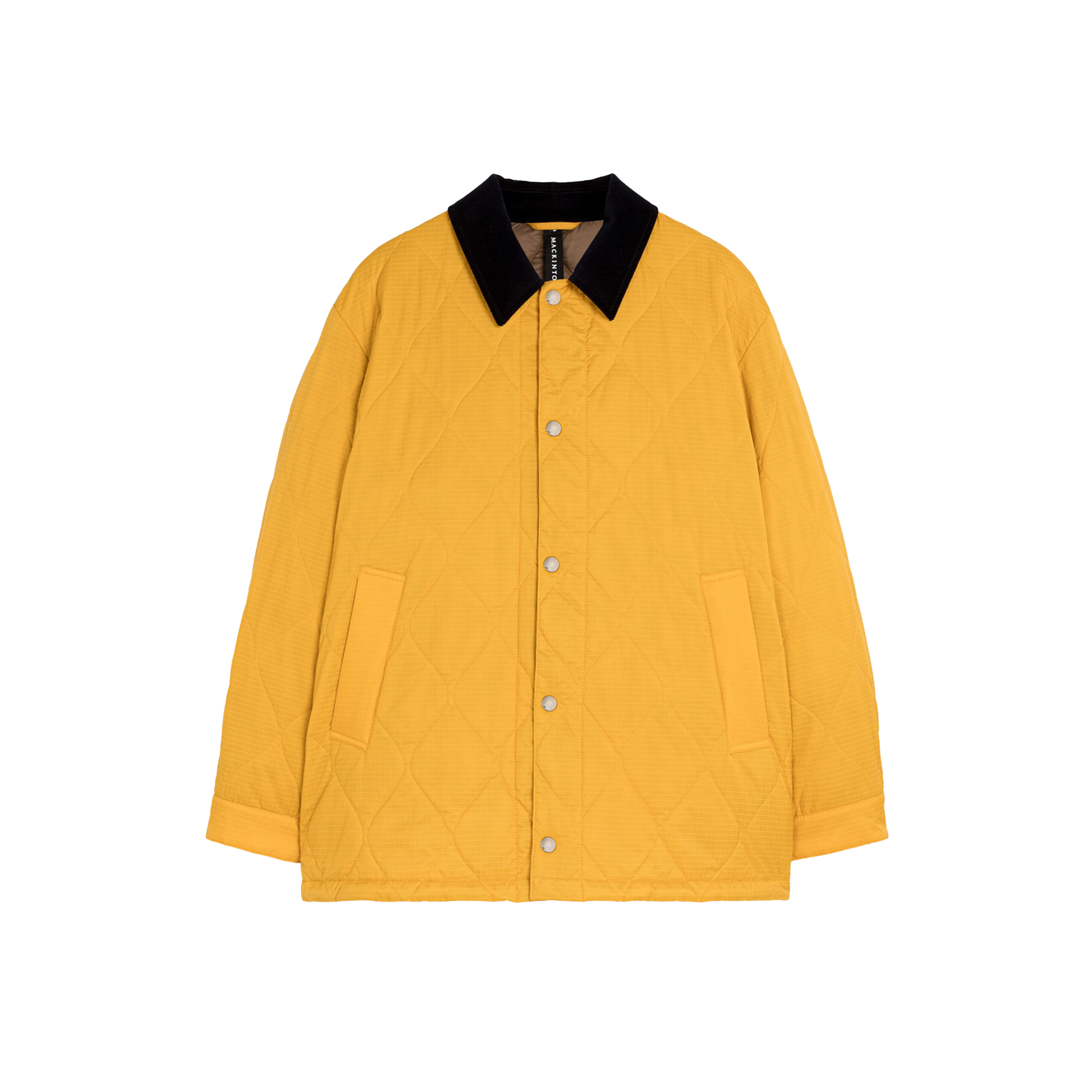 The Mackintosh M Quilted Teeming is a yellow, water-repellent quilted jacket with a black collar, snap button closure, and two front pockets.