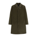 The Mackintosh M Shower Rain Coat in olive green is ideal for travel. It features a collar, button closure, and two pockets. Its water-repellent design keeps you stylish and dry on any adventure.