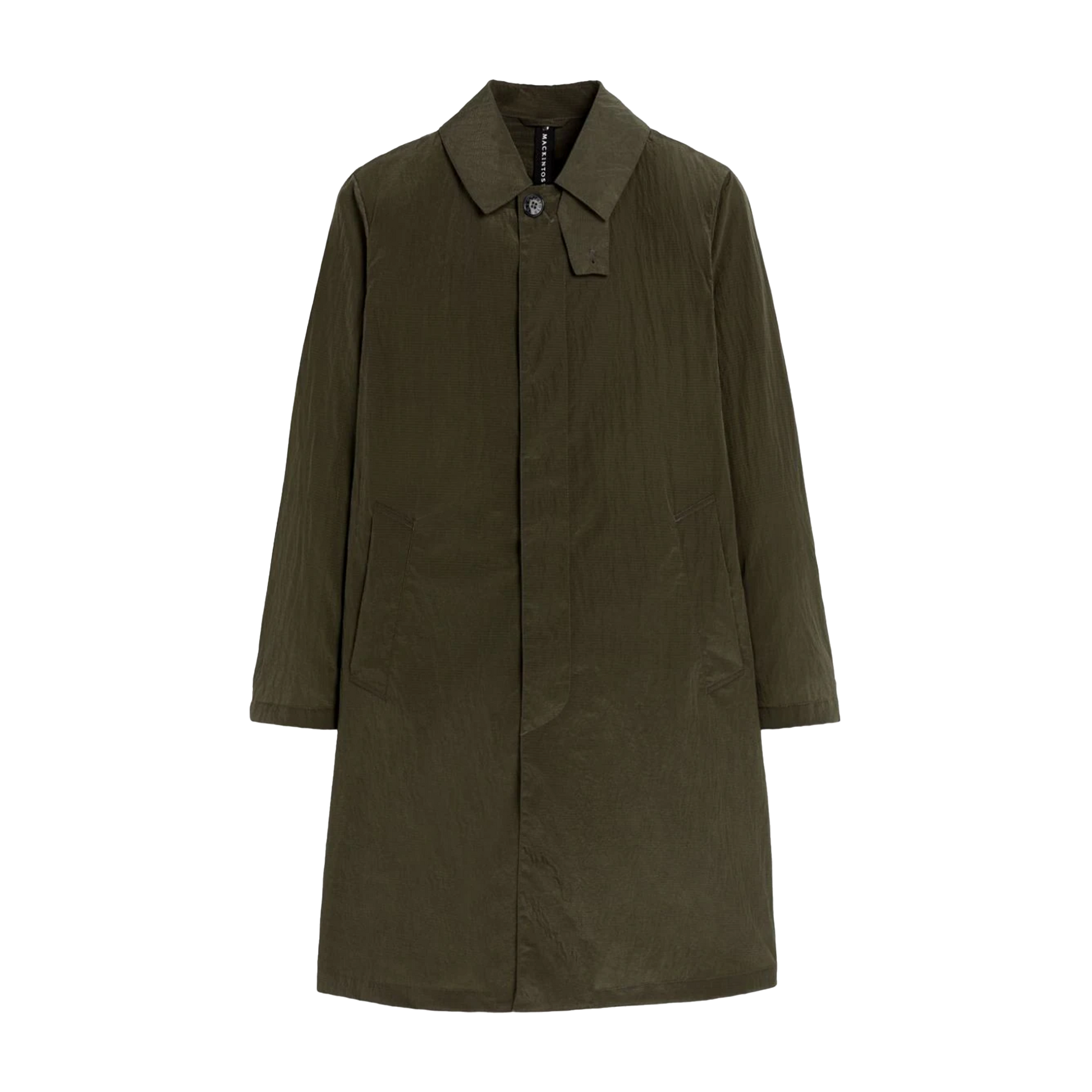 The Mackintosh M Shower Rain Coat in olive green is ideal for travel. It features a collar, button closure, and two pockets. Its water-repellent design keeps you stylish and dry on any adventure.