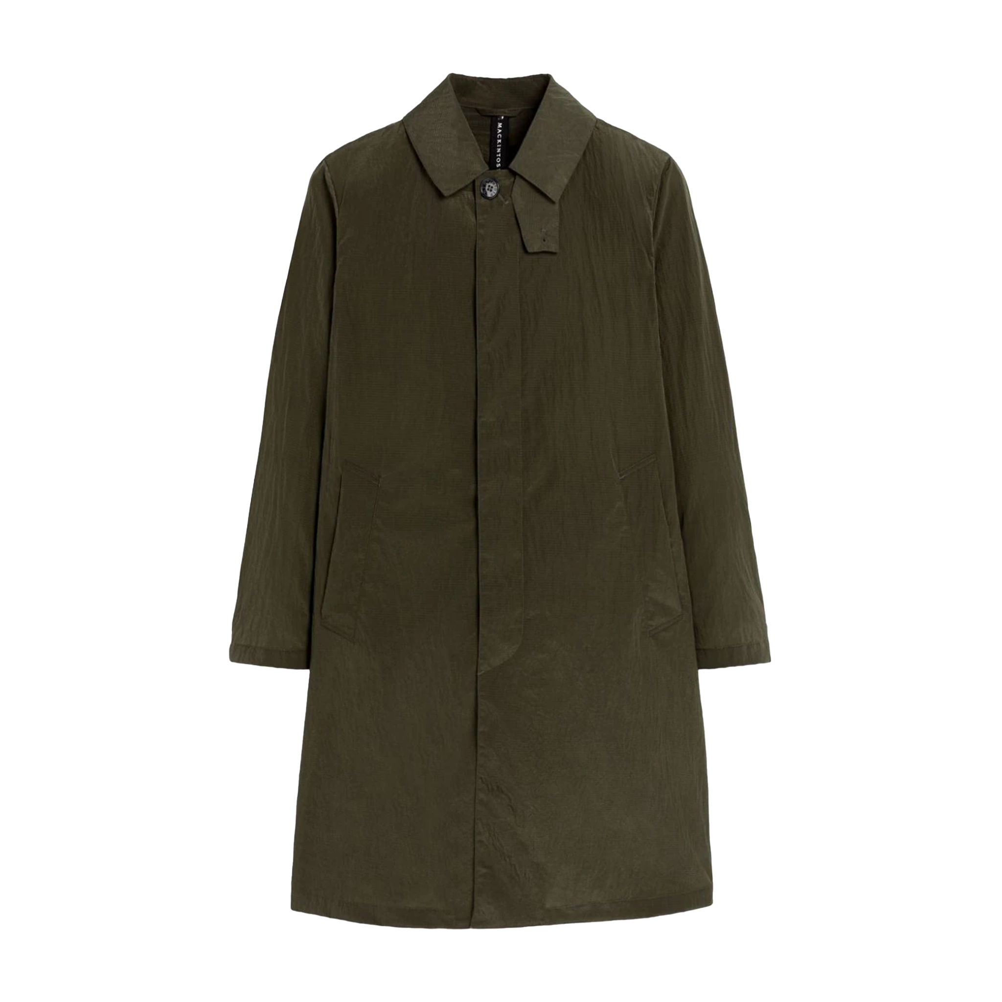 The Mackintosh M Shower Rain Coat in olive green is ideal for travel. It features a collar, button closure, and two pockets. Its water-repellent design keeps you stylish and dry on any adventure.
