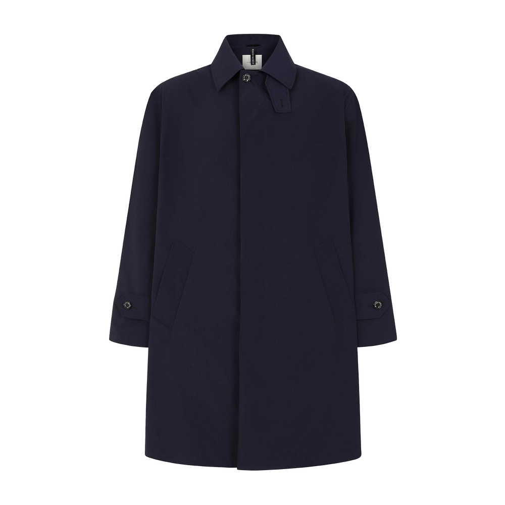 The Mackintosh M Nylon Soho coat in dark navy, a men's outerwear essential, features a collared neckline and buttoned cuffs, expertly crafted to be waterproof.