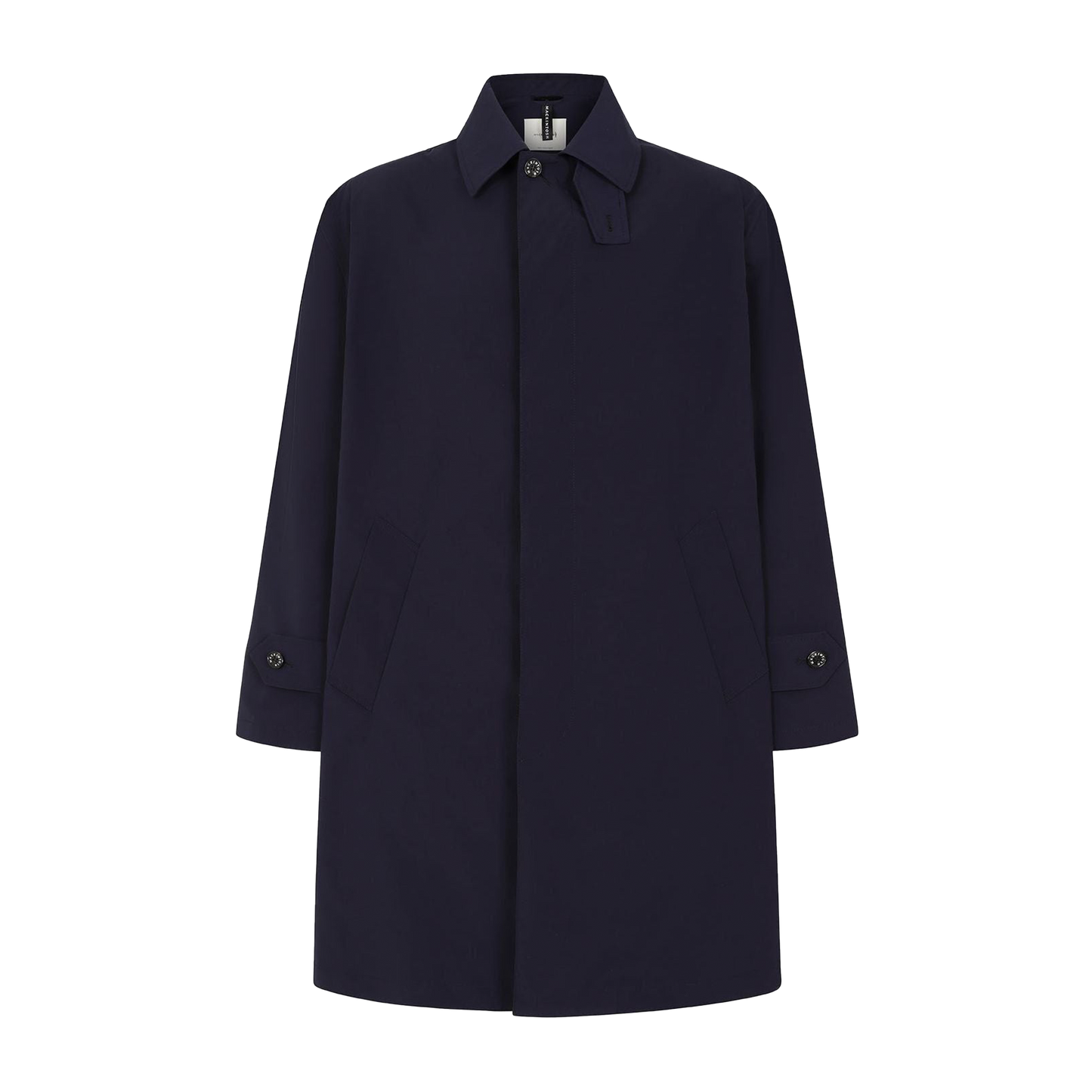 The Mackintosh M Nylon Soho coat in dark navy, a men's outerwear essential, features a collared neckline and buttoned cuffs, expertly crafted to be waterproof.