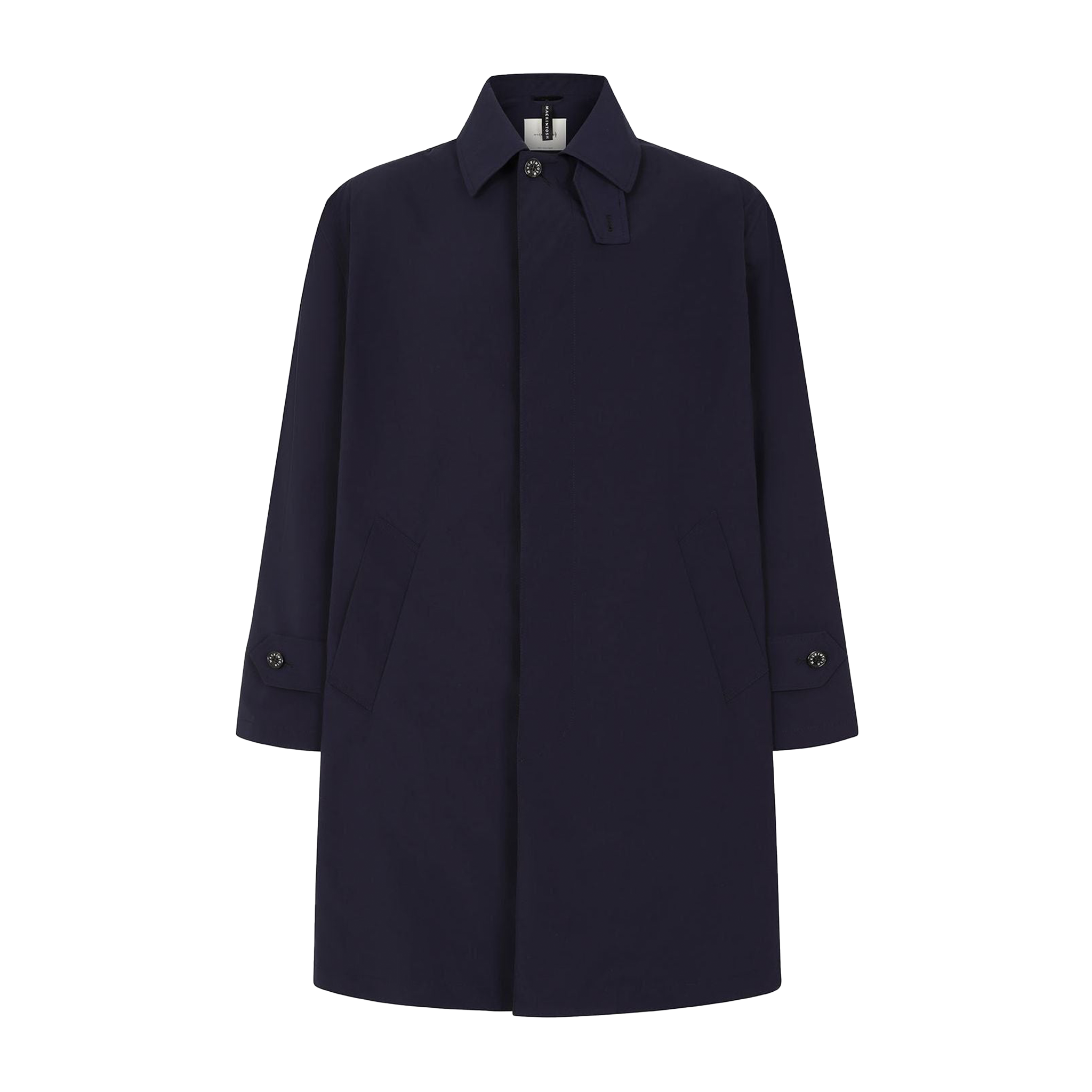 The Mackintosh M Nylon Soho coat in dark navy, a men's outerwear essential, features a collared neckline and buttoned cuffs, expertly crafted to be waterproof.
