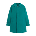 The Mackintosh M Nylon Soho is a teal overcoat from the men's outerwear collection. It features a pointed collar, buttoned cuffs, side pockets, and a concealed button closure. Its RAINTEC design ensures it is waterproof for enhanced protection.