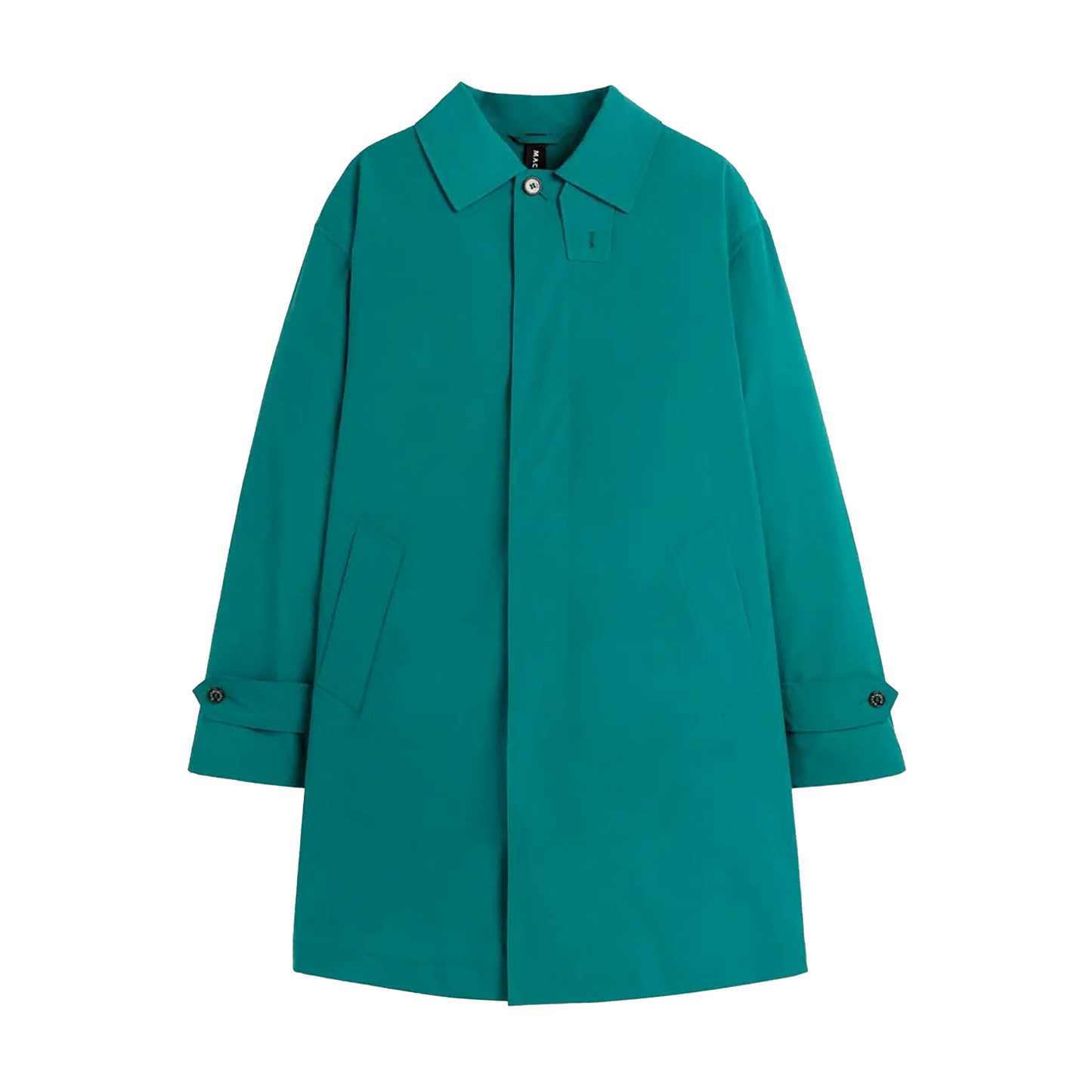 The Mackintosh M Nylon Soho is a teal overcoat from the men's outerwear collection. It features a pointed collar, buttoned cuffs, side pockets, and a concealed button closure. Its RAINTEC design ensures it is waterproof for enhanced protection.