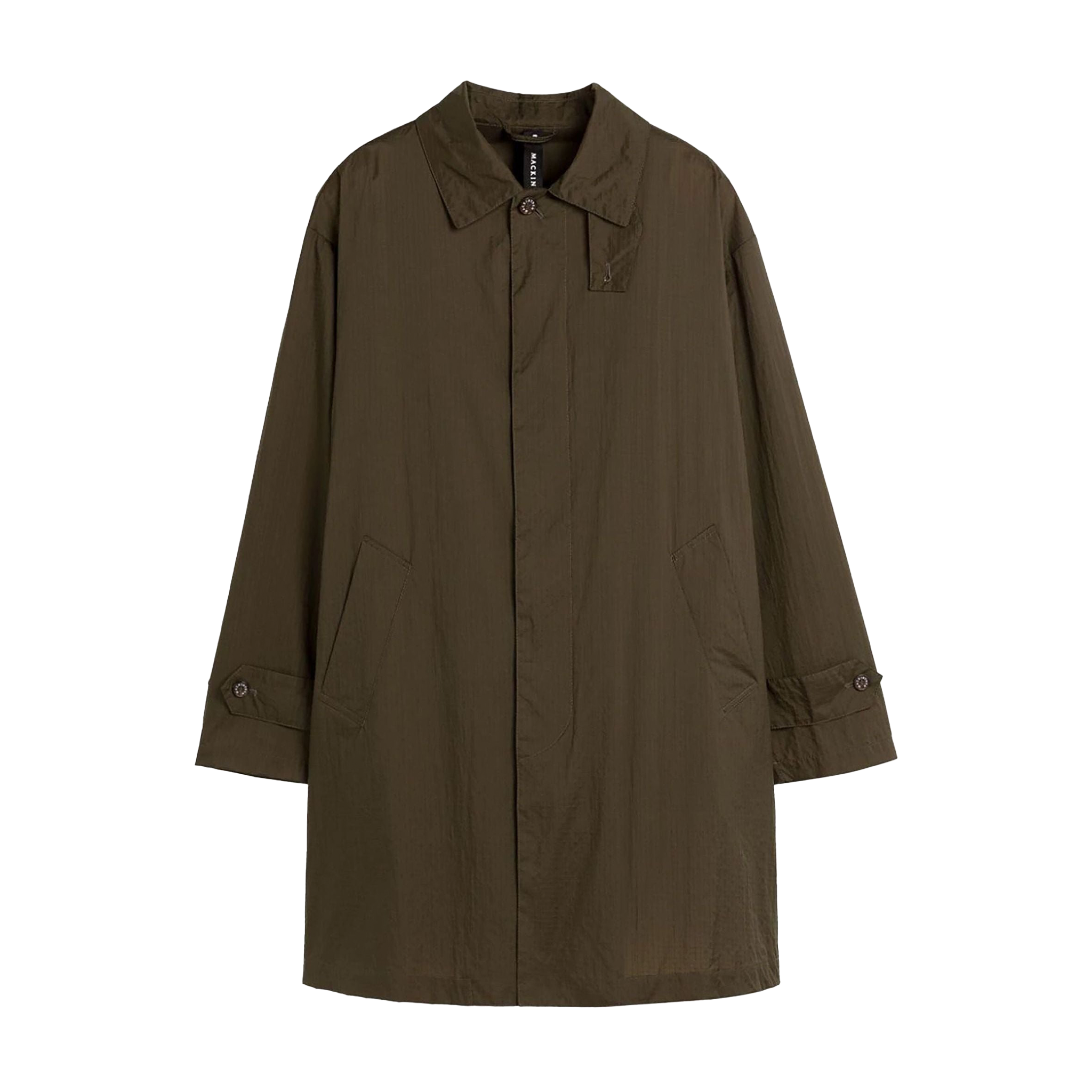 A stylish dark olive green coat, the M Soho Packable Coat by Mackintosh, features a button-up front and two side pockets against a plain white background.