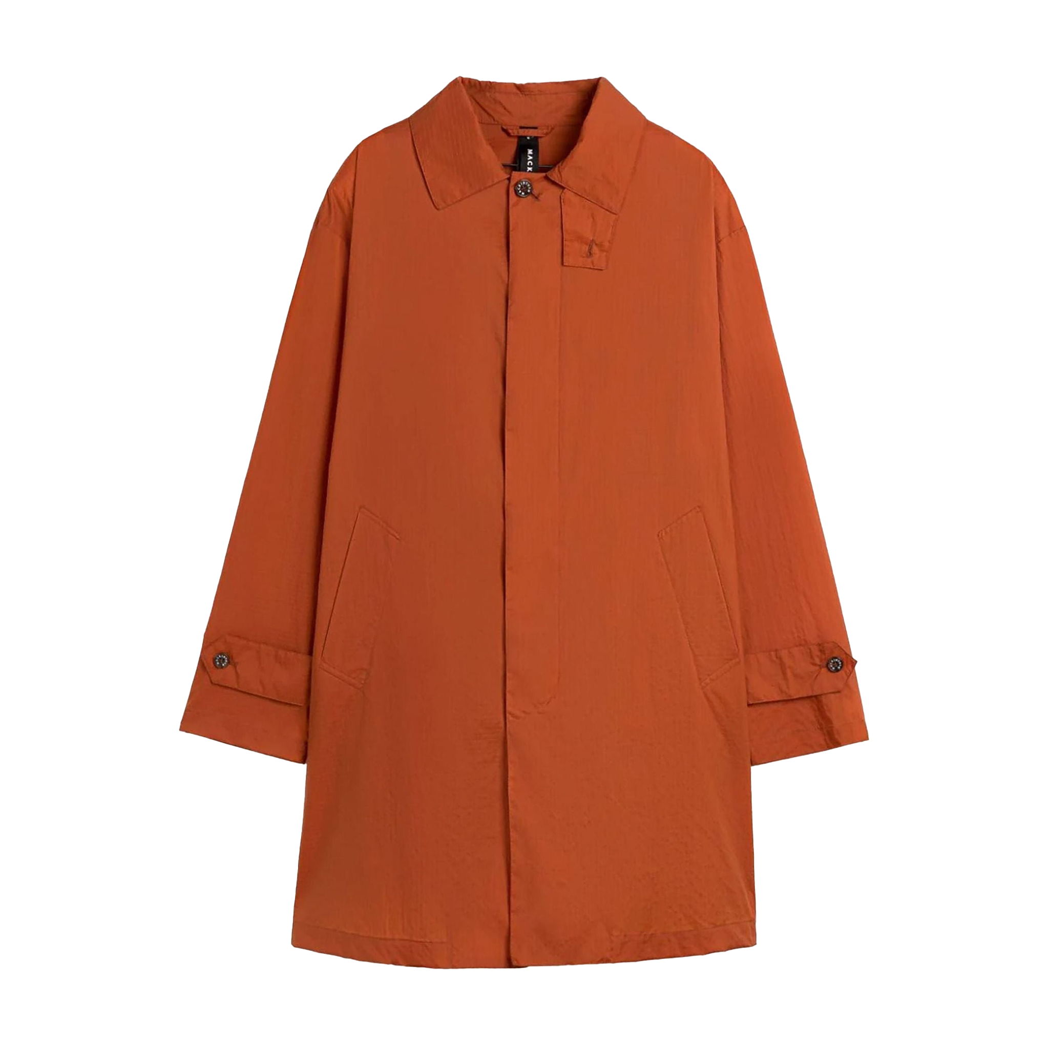 The M Soho Packable Coat by Mackintosh is an orange long-sleeve jacket with an iconic design featuring a button-up front and two side pockets, reminiscent of a classic Mackintosh.