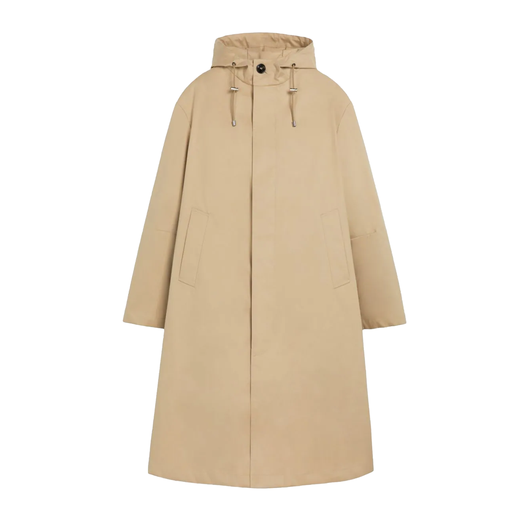 Introducing the Mackintosh M Wolfson, a stylish long hooded coat designed for durability. This water-repellent piece combines function with fashion, featuring a beige hue, a cozy hood with drawstrings, two spacious front pockets, and a secure front button closure. Perfect for any weather!