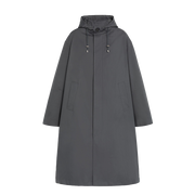 A long, dark gray M Wolfson Cotton Coat by Mackintosh, featuring a hood and two front pockets, displayed against a plain white background.