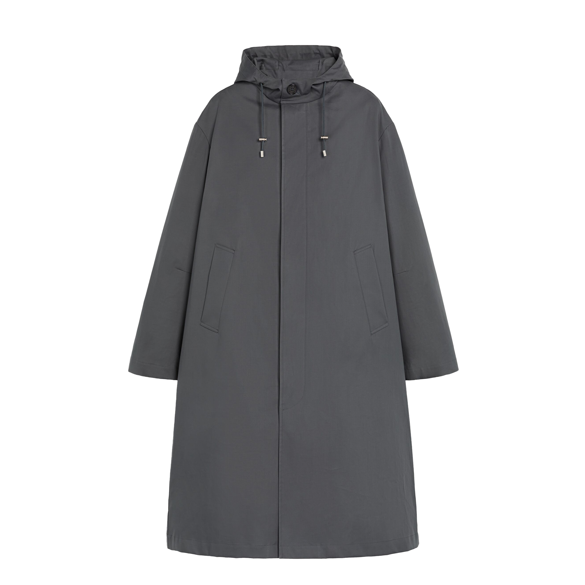 A long, dark gray M Wolfson Cotton Coat by Mackintosh, featuring a hood and two front pockets, displayed against a plain white background.