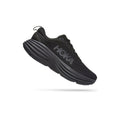 The Hoka W Bondi 9 in Black/Black features a thick, cushioned sole with softer foams and extended heel geometry, plus a gray Hoka logo on the side, shown against a white background.