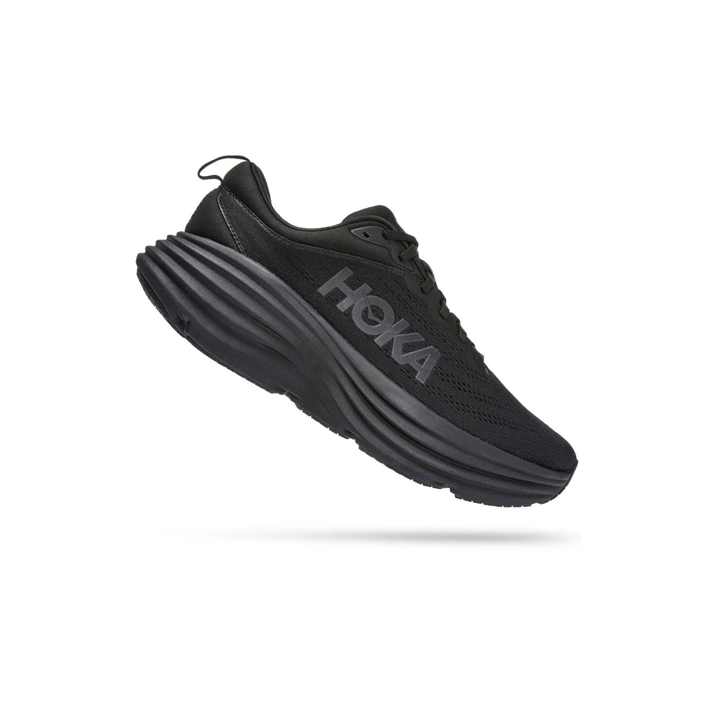 The Hoka W Bondi 9 in Black/Black features a thick, cushioned sole with softer foams and extended heel geometry, plus a gray Hoka logo on the side, shown against a white background.