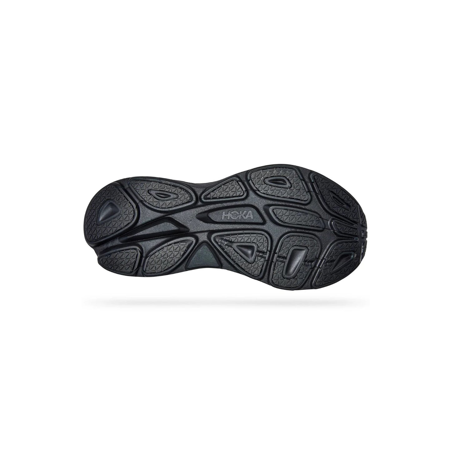 The black rubber outsole of the Hoka W Bondi 9 in Black/Black is shown against a white background, highlighting its textured tread, central “HOKA” branding, extended heel design, and plush foams for superior comfort.