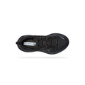 Top view of a black Hoka W Bondi 9 running shoe with laces, featuring extended heel geometry and an insole labeled "BONDI 9" and "HOKA" against a white background.