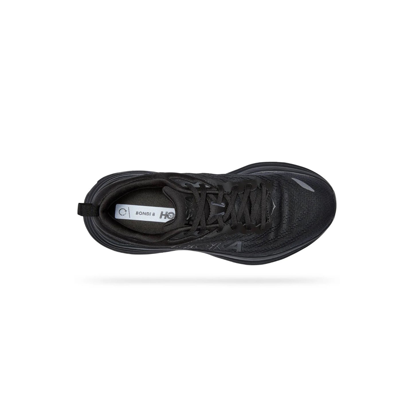 Top view of a black Hoka W Bondi 9 running shoe with laces, featuring extended heel geometry and an insole labeled "BONDI 9" and "HOKA" against a white background.