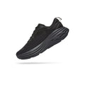 The Hoka W Bondi 9 in Black/Black is an athletic running shoe with a thick, cushioned sole, softer foams, and extended heel geometry, displayed on a white background with a subtle shadow.