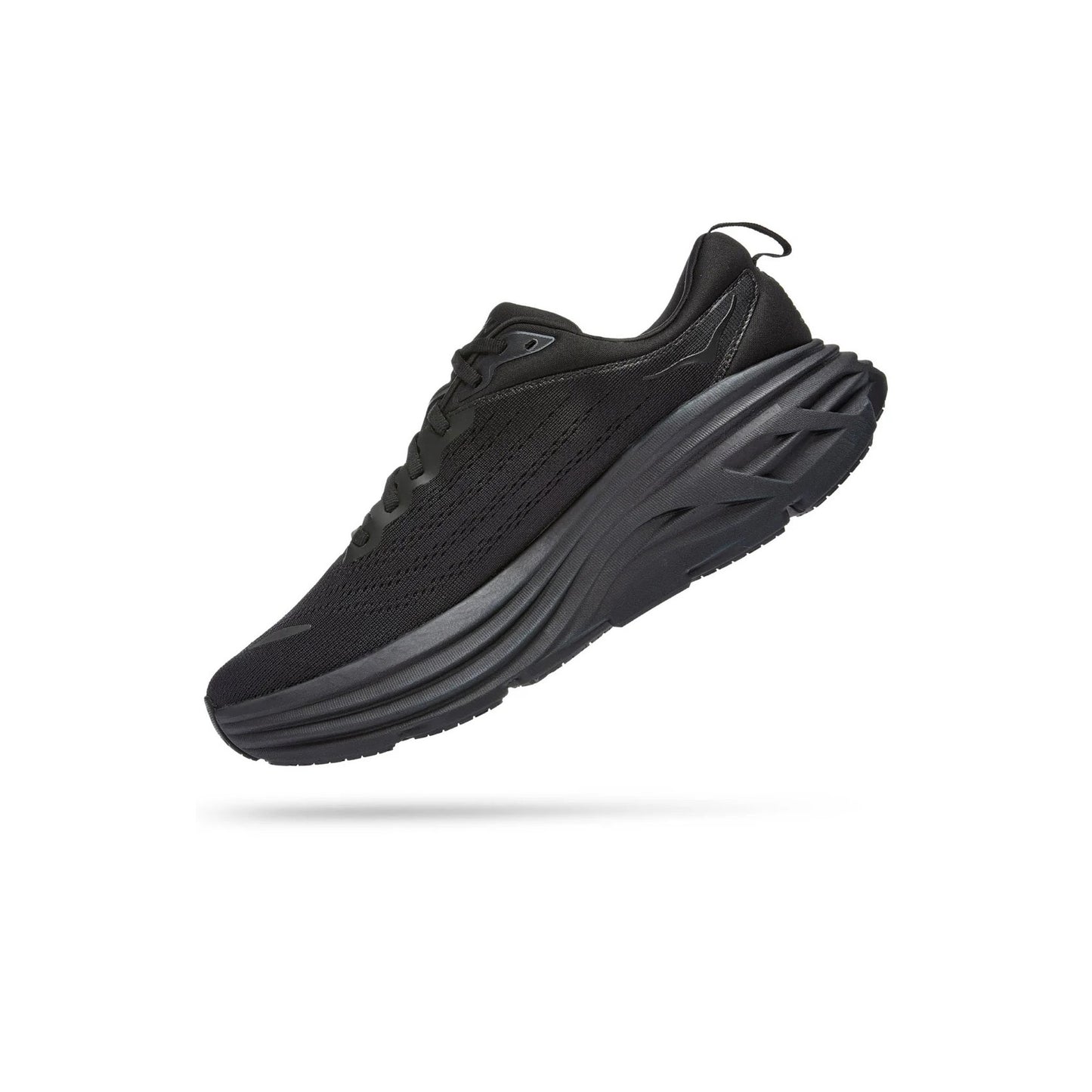 The Hoka W Bondi 9 in Black/Black is an athletic running shoe with a thick, cushioned sole, softer foams, and extended heel geometry, displayed on a white background with a subtle shadow.