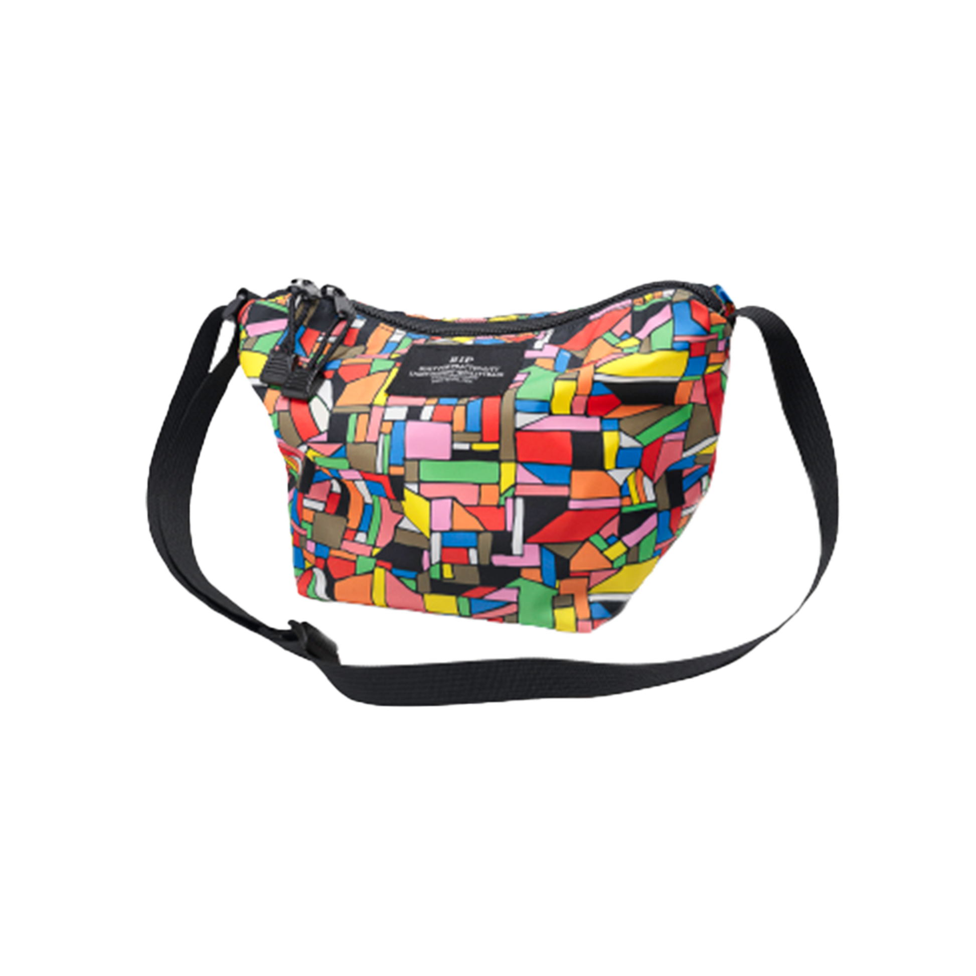 Introducing the Micro Tote from Bags in Progress: a colorful, lightweight crossbody bag adorned with a geometric pattern of rectangles in diverse hues. It features an adjustable black strap crafted from durable nylon.