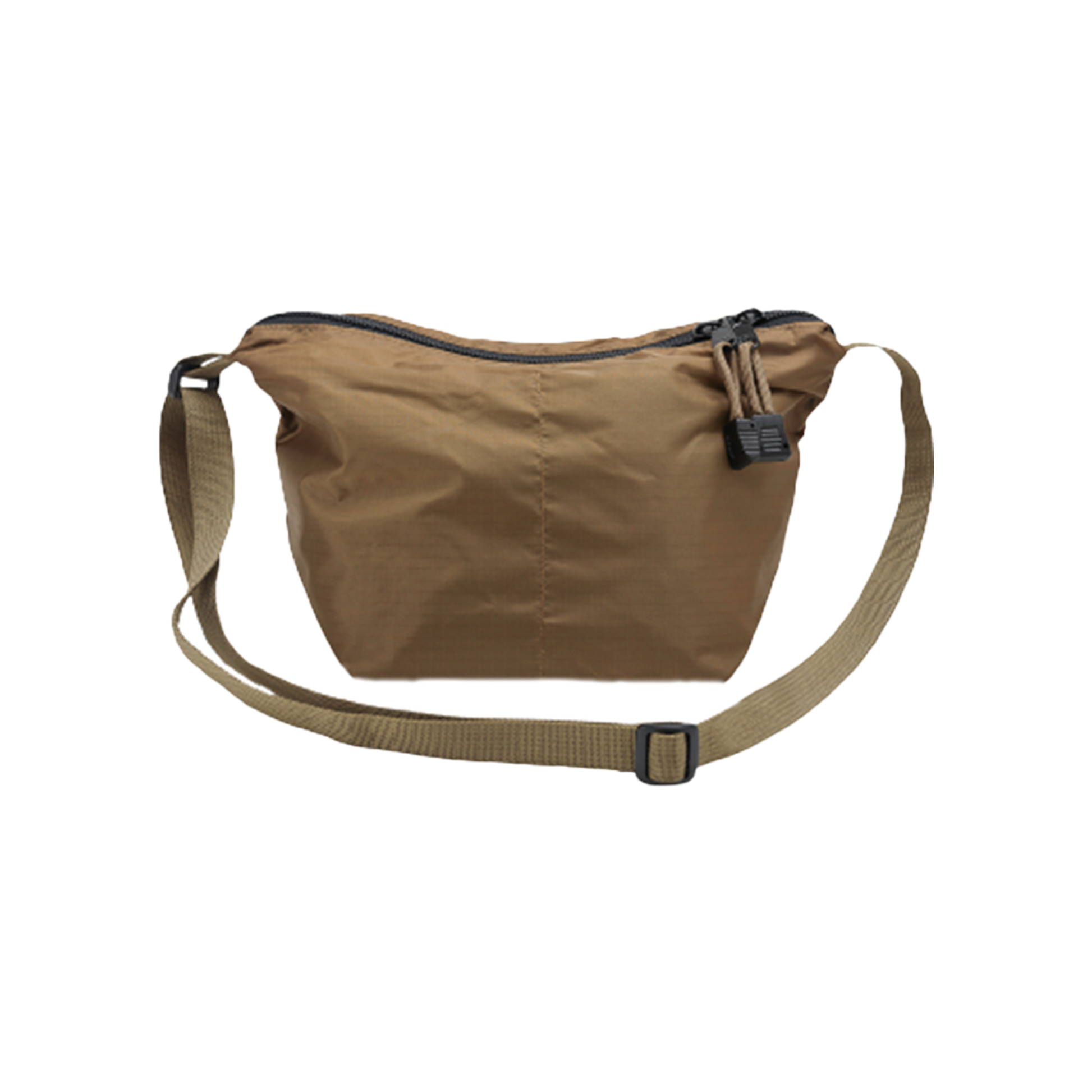 Micro Tote by Bags in Progress is a brown nylon crossbody bag with a zipper closure and an adjustable strap, designed to provide lightweight comfort throughout the day.