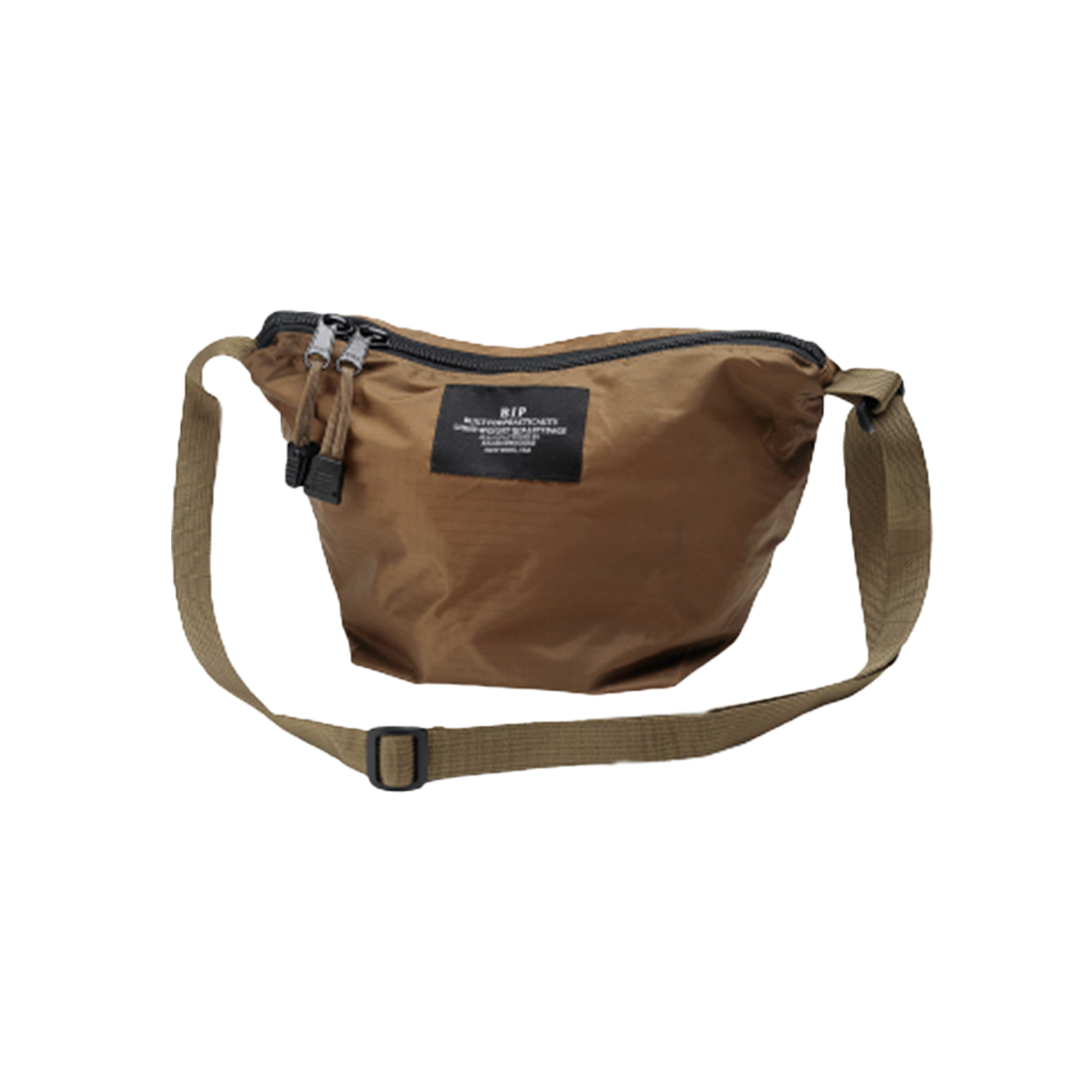 Introducing the "Micro Tote" from Bags in Progress: a durable nylon brown crossbody bag with a convenient zipper closure and an adjustable strap for versatility. The black label on the front adds a sleek touch, and its lightweight design makes it perfect for on-the-go comfort despite its sturdy construction.